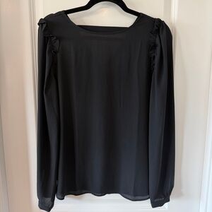 LOFT‎ Black Silky Blouse Long Sleeve Ruffle Shoulder Detail Size Small